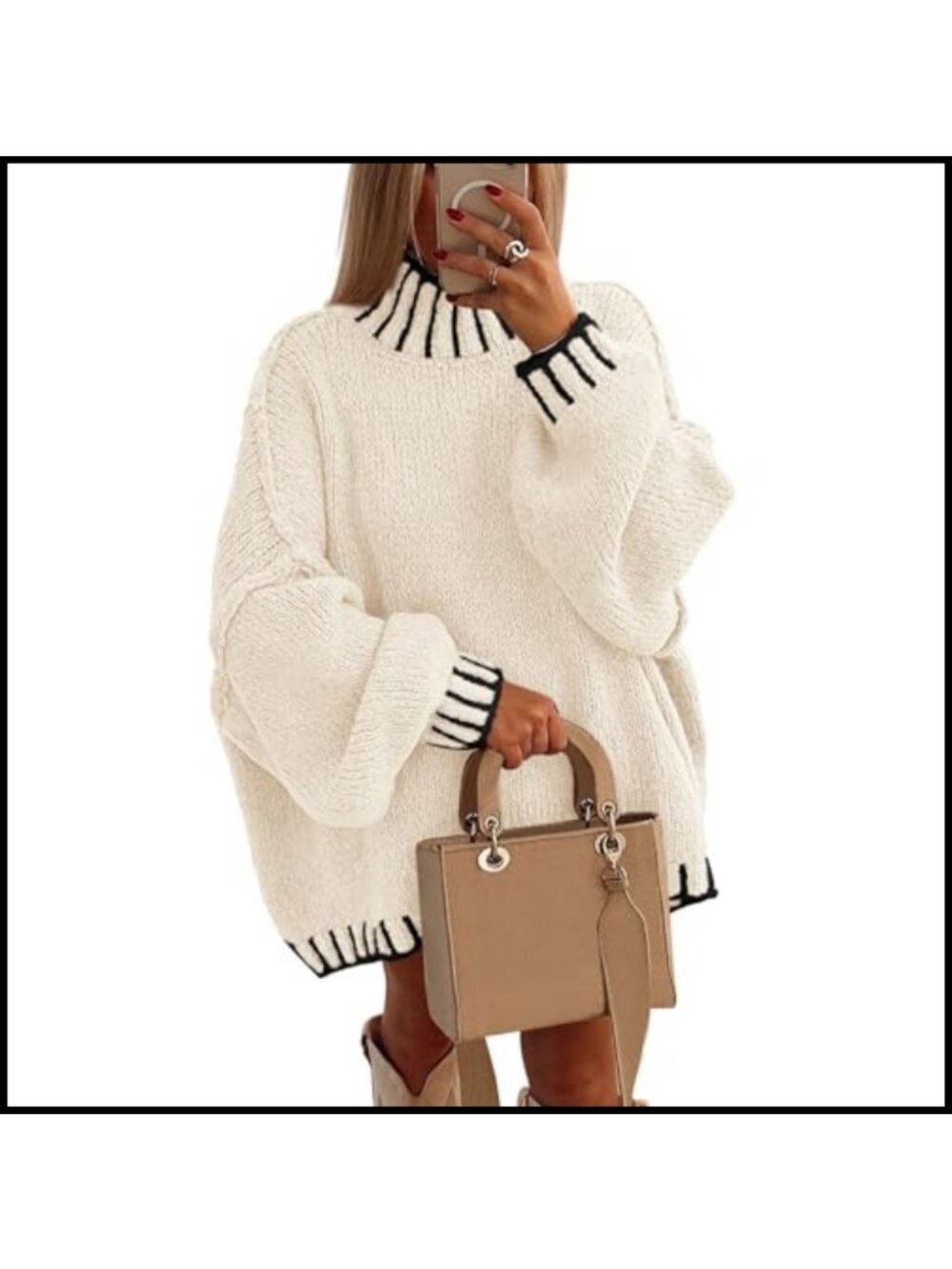 Mock Neck Oversized Chunky Knit Pullover Sweater Loose Fit Long Sleeve Tunic